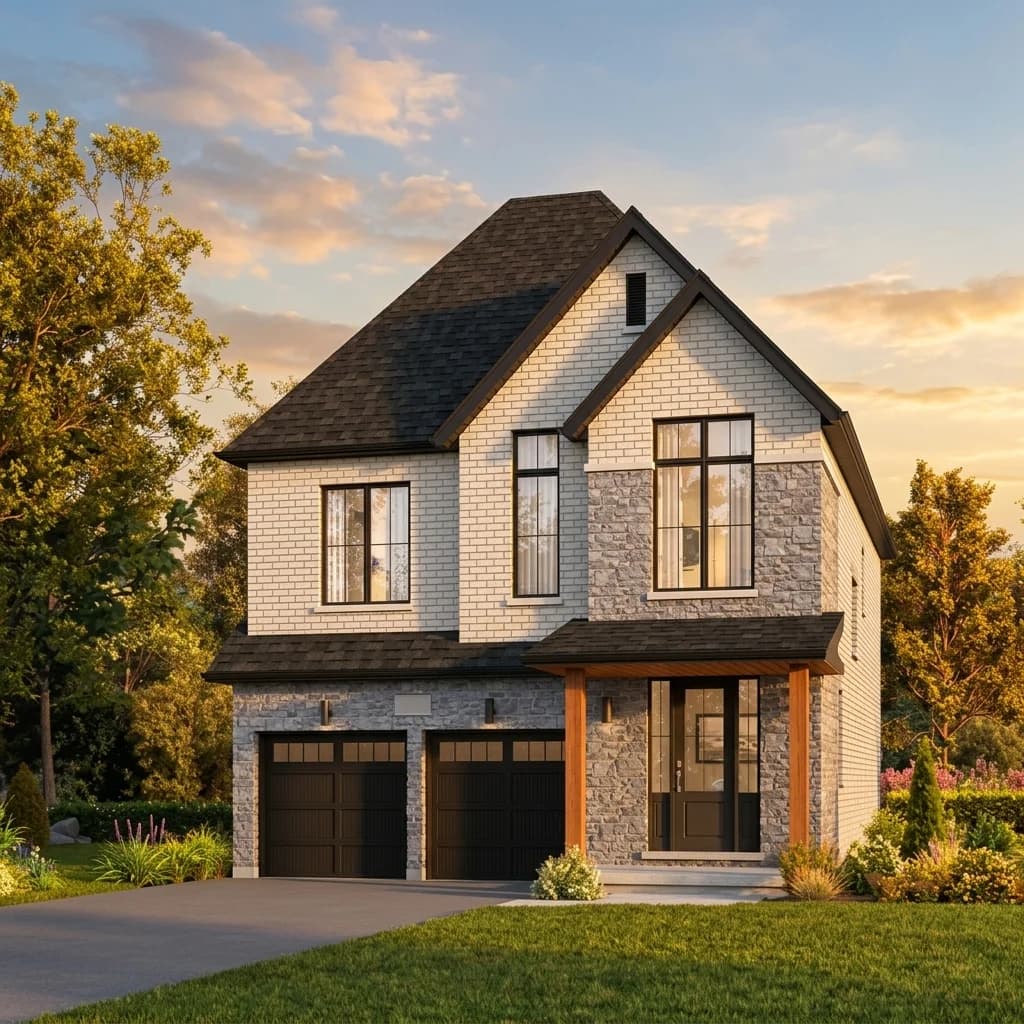 Light-brick detached home with a covered entry and double garage — artist’s rendering